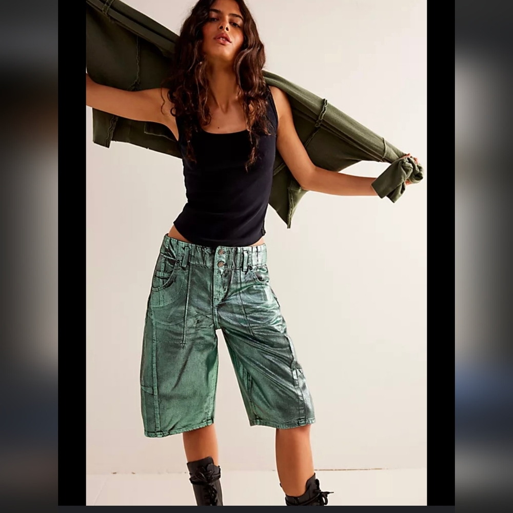 Free People Metallic Green Denim Jean Shorts